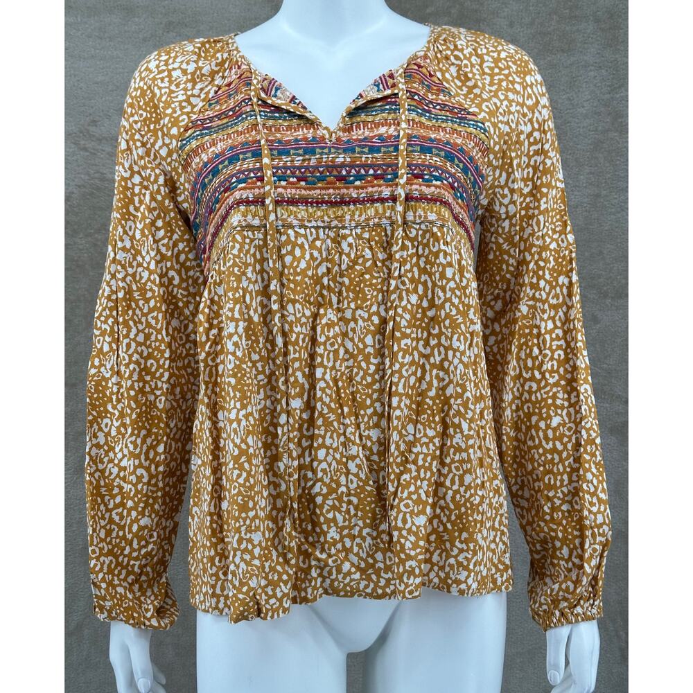 Savanna Jane Top Womens Small Tan‎ Embroidered V-Neck Boho Peasant Cottage Flowy